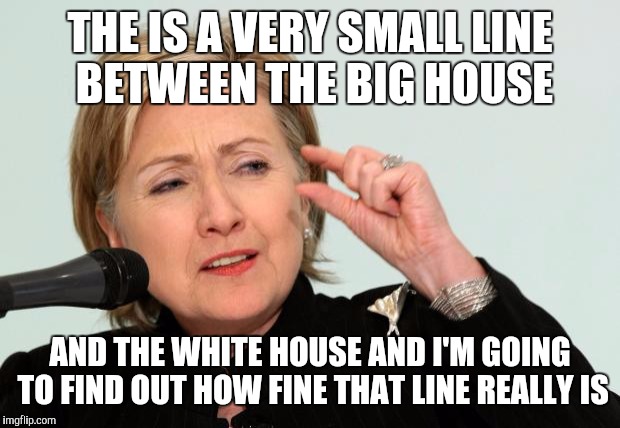 Hillary Clinton Fingers | THE IS A VERY SMALL LINE BETWEEN THE BIG HOUSE; AND THE WHITE HOUSE AND I'M GOING TO FIND OUT HOW FINE THAT LINE REALLY IS | image tagged in hillary clinton fingers | made w/ Imgflip meme maker