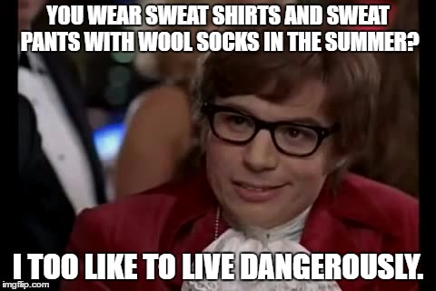 I Too Like To Live Dangerously Meme | YOU WEAR SWEAT SHIRTS AND SWEAT PANTS WITH WOOL SOCKS IN THE SUMMER? I TOO LIKE TO LIVE DANGEROUSLY. | image tagged in memes,i too like to live dangerously | made w/ Imgflip meme maker