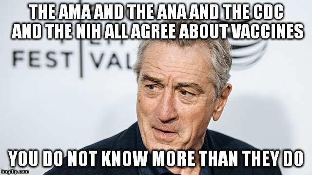 THE AMA AND THE ANA AND THE CDC AND THE NIH ALL AGREE ABOUT VACCINES; YOU DO NOT KNOW MORE THAN THEY DO | image tagged in vaccines,robert de niro | made w/ Imgflip meme maker