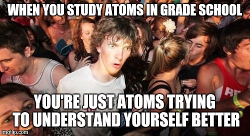 Repost, I'm sure. Rather old joke. | WHEN YOU STUDY ATOMS IN GRADE SCHOOL; YOU'RE JUST ATOMS TRYING TO UNDERSTAND YOURSELF BETTER | image tagged in memes,sudden clarity clarence | made w/ Imgflip meme maker