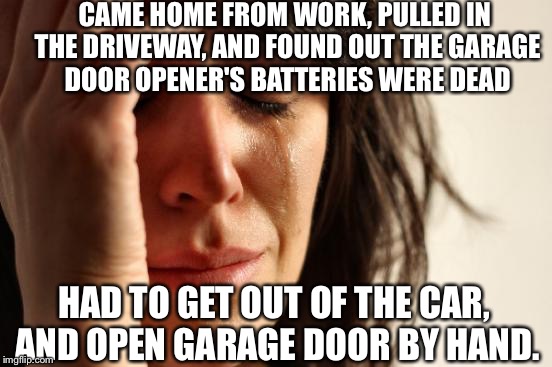 First World Problems | CAME HOME FROM WORK, PULLED IN THE DRIVEWAY, AND FOUND OUT THE GARAGE DOOR OPENER'S BATTERIES WERE DEAD; HAD TO GET OUT OF THE CAR, AND OPEN GARAGE DOOR BY HAND. | image tagged in memes,first world problems | made w/ Imgflip meme maker