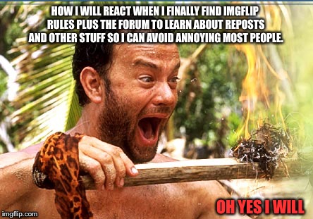 Castaway Fire | HOW I WILL REACT WHEN I FINALLY FIND IMGFLIP RULES PLUS THE FORUM TO LEARN ABOUT REPOSTS AND OTHER STUFF SO I CAN AVOID ANNOYING MOST PEOPLE. OH YES I WILL | image tagged in memes,castaway fire | made w/ Imgflip meme maker