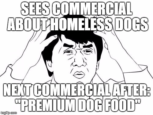 Use the money on the homeless dogs, not dog food! | SEES COMMERCIAL ABOUT HOMELESS DOGS; NEXT COMMERCIAL AFTER: "PREMIUM DOG FOOD" | image tagged in memes,jackie chan wtf | made w/ Imgflip meme maker