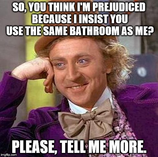 Lookin' at You, LGBTQ | SO, YOU THINK I'M PREJUDICED BECAUSE I INSIST YOU USE THE SAME BATHROOM AS ME? PLEASE, TELL ME MORE. | image tagged in memes,creepy condescending wonka | made w/ Imgflip meme maker