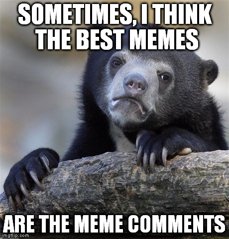 Seriously, the meme comments tend to be 10 times better than the meme it was commented on! | SOMETIMES, I THINK THE BEST MEMES; ARE THE MEME COMMENTS | image tagged in memes,confession bear | made w/ Imgflip meme maker