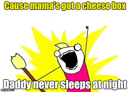 X All The Y Meme | Cause mama's got a cheese box Daddy never sleeps at night | image tagged in memes,x all the y | made w/ Imgflip meme maker