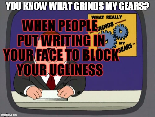 Peter Griffin News | YOU KNOW WHAT GRINDS MY GEARS? WHEN PEOPLE PUT WRITING IN YOUR FACE TO BLOCK YOUR UGLINESS | image tagged in memes,peter griffin news,you know what really grinds my gears,block,ugly,writing | made w/ Imgflip meme maker