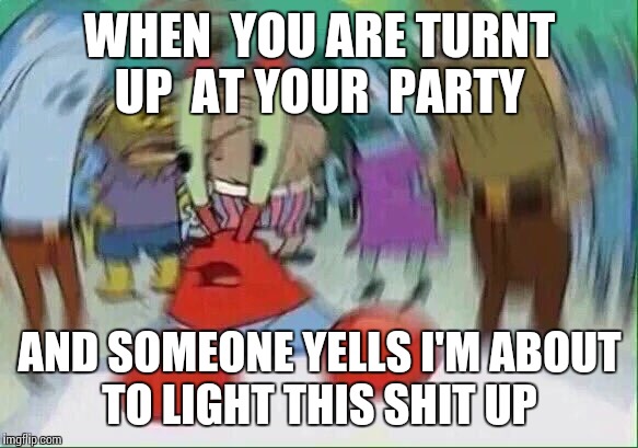 Mr Krabs Blur Meme | WHEN  YOU ARE TURNT UP  AT YOUR  PARTY; AND SOMEONE YELLS I'M ABOUT TO LIGHT THIS SHIT UP | image tagged in mrkrabs | made w/ Imgflip meme maker