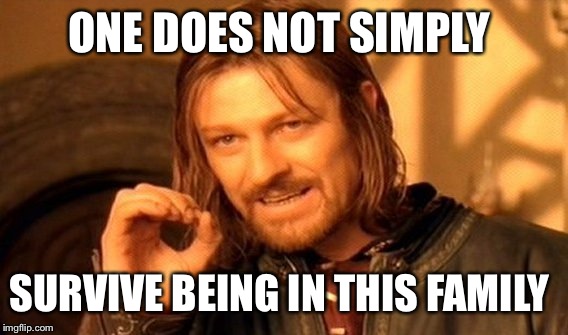 One Does Not Simply Meme | ONE DOES NOT SIMPLY; SURVIVE BEING IN THIS FAMILY | image tagged in memes,one does not simply | made w/ Imgflip meme maker
