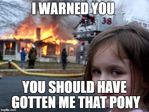 Disaster Girl | I WARNED YOU; YOU SHOULD HAVE GOTTEN ME THAT PONY | image tagged in memes,disaster girl | made w/ Imgflip meme maker