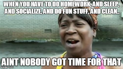 Ain't Nobody Got Time For That | WHEN YOU HAVE TO DO HOMEWORK, AND SLEEP, AND SOCIALIZE, AND DO FUN STUFF, AND CLEAN.. AINT NOBODY GOT TIME FOR THAT | image tagged in memes,aint nobody got time for that | made w/ Imgflip meme maker