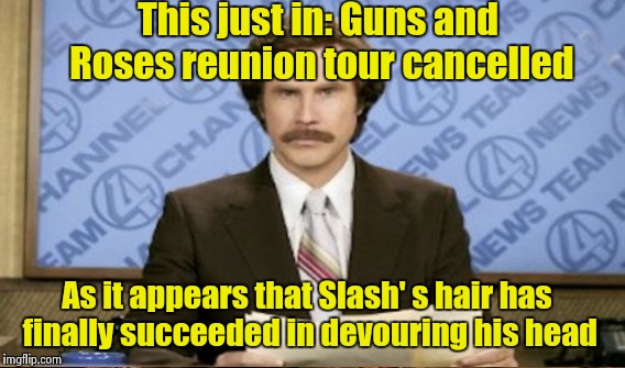 This just in: Guns and Roses reunion tour cancelled As it appears that Slash' s hair has finally succeeded in devouring his head | made w/ Imgflip meme maker