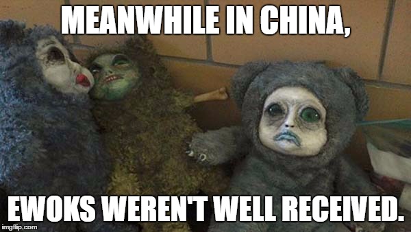Chinese Ewoks. | MEANWHILE IN CHINA, EWOKS WEREN'T WELL RECEIVED. | image tagged in ewok,grumpy ewok tilted head,demented ewok,star wars,disney star wars | made w/ Imgflip meme maker