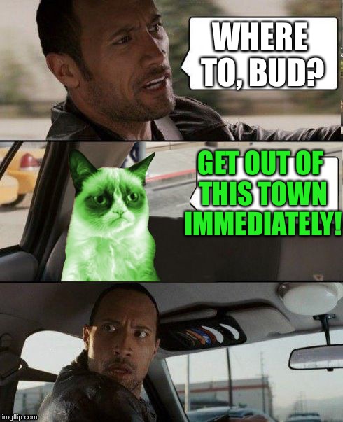 The Rock driving Radioactive Grumpy Cat | WHERE TO, BUD? GET OUT OF THIS TOWN IMMEDIATELY! | image tagged in the rock driving radioactive grumpy cat | made w/ Imgflip meme maker