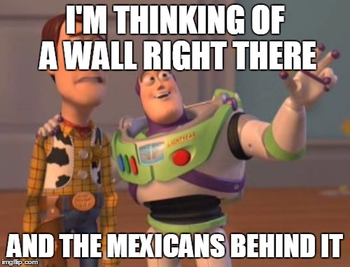 I See A Wall | I'M THINKING OF A WALL RIGHT THERE; AND THE MEXICANS BEHIND IT | image tagged in memes,x x everywhere | made w/ Imgflip meme maker