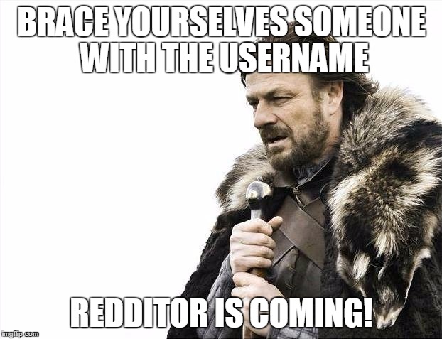 Brace Yourselves X is Coming Meme | BRACE YOURSELVES SOMEONE WITH THE USERNAME REDDITOR IS COMING! | image tagged in memes,brace yourselves x is coming | made w/ Imgflip meme maker