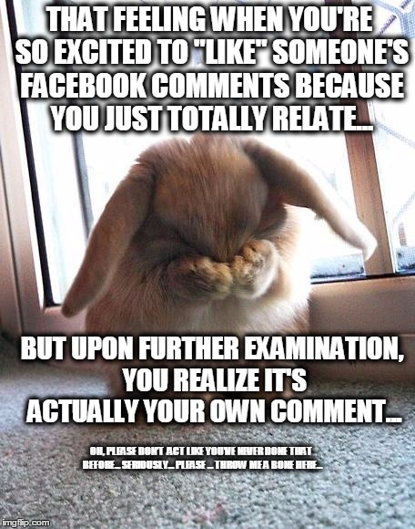 embarrassed bunny | THAT FEELING WHEN YOU'RE SO EXCITED TO "LIKE" SOMEONE'S FACEBOOK COMMENTS BECAUSE YOU JUST TOTALLY RELATE... BUT UPON FURTHER EXAMINATION, YOU REALIZE IT'S ACTUALLY YOUR OWN COMMENT... OH, PLEASE DON'T  ACT LIKE YOU'VE NEVER DONE THAT BEFORE... SERIOUSLY... PLEASE ... THROW ME A BONE HERE... | image tagged in embarrassed bunny | made w/ Imgflip meme maker
