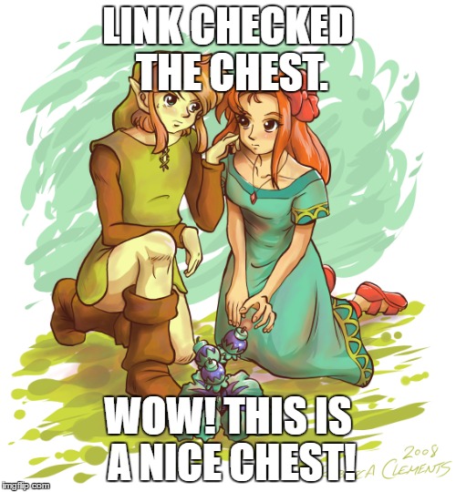Link's Puberty | LINK CHECKED THE CHEST. WOW! THIS IS A NICE CHEST! | image tagged in zelda,the legend of zelda,legend of zelda,link,marin,chest | made w/ Imgflip meme maker