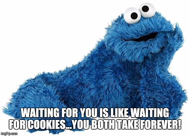 Cookie Monster | WAITING FOR YOU IS LIKE WAITING FOR COOKIES...YOU BOTH TAKE FOREVER! | image tagged in cookie monster | made w/ Imgflip meme maker