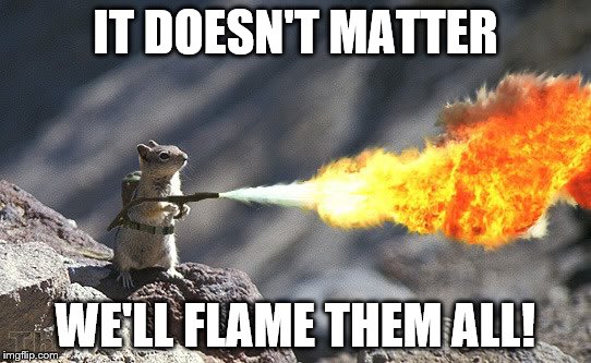 Flame War Squirrel | IT DOESN'T MATTER WE'LL FLAME THEM ALL! | image tagged in flame war squirrel | made w/ Imgflip meme maker