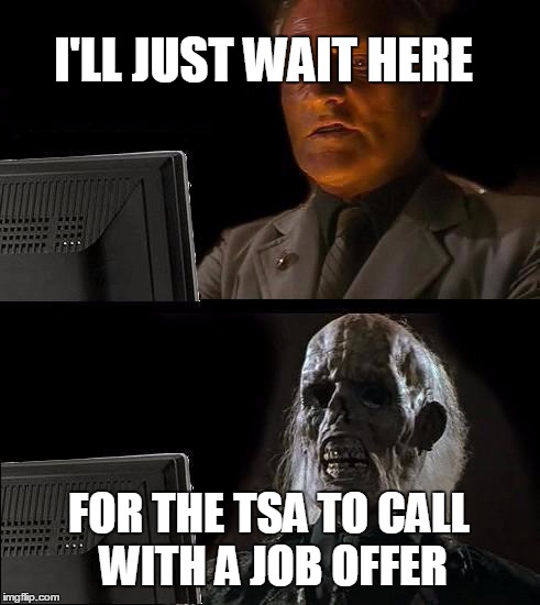 I'll Just Wait Here | I'LL JUST WAIT HERE; FOR THE TSA TO CALL WITH A JOB OFFER | image tagged in memes,ill just wait here | made w/ Imgflip meme maker
