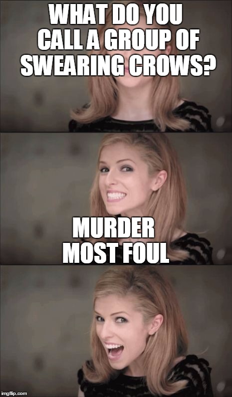 Murder Most @#$%^&!* | WHAT DO YOU CALL A GROUP OF SWEARING CROWS? MURDER MOST FOUL | image tagged in memes,bad pun anna kendrick | made w/ Imgflip meme maker