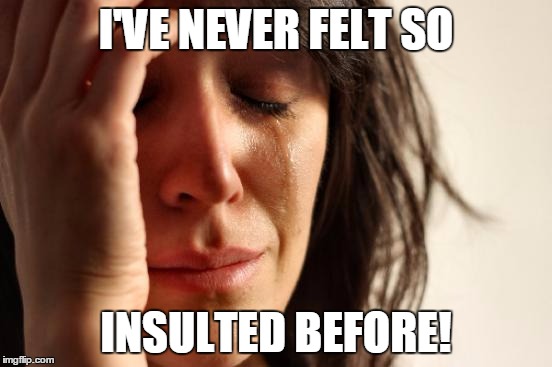 First World Problems Meme | I'VE NEVER FELT SO INSULTED BEFORE! | image tagged in memes,first world problems | made w/ Imgflip meme maker