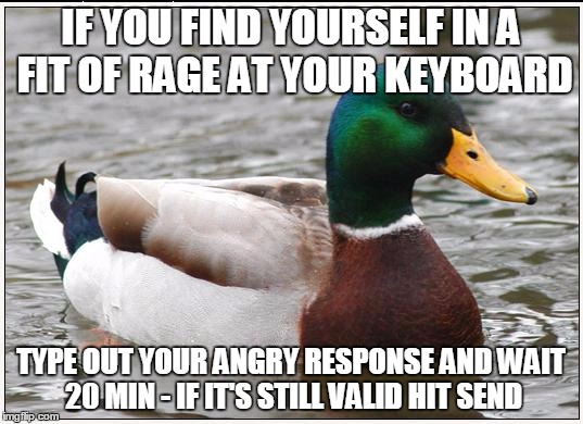 Actual Advice Mallard Meme | IF YOU FIND YOURSELF IN A FIT OF RAGE AT YOUR KEYBOARD; TYPE OUT YOUR ANGRY RESPONSE AND WAIT 20 MIN - IF IT'S STILL VALID HIT SEND | image tagged in memes,actual advice mallard,AdviceAnimals | made w/ Imgflip meme maker