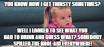 Somebody Else Did It | YOU KNOW HOW I GET THIRSTY SOMETIMES? WELL I LOOKED TO SEE WHAT YOU HAD TO DRINK AND GUESS WHAT? SOMEBODY SPILLED THE KOOL-AID EVERYWHERE! | image tagged in funny meme,little girl | made w/ Imgflip meme maker