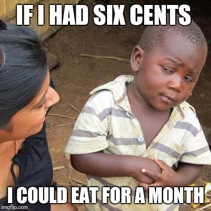 Third World Skeptical Kid Meme | IF I HAD SIX CENTS I COULD EAT FOR A MONTH | image tagged in memes,third world skeptical kid | made w/ Imgflip meme maker