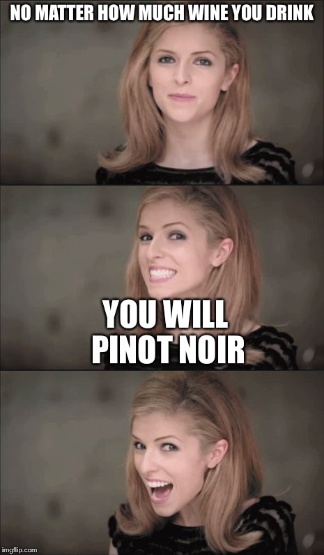 Bad Pun Anna Kendrick Meme | NO MATTER HOW MUCH WINE YOU DRINK; YOU WILL PINOT NOIR | image tagged in memes,bad pun anna kendrick | made w/ Imgflip meme maker