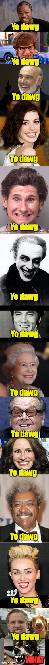More Meme Wars? | Yo dawg; Yo dawg; Yo dawg; Yo dawg; Yo dawg; Yo dawg; Yo dawg; Yo dawg; Yo dawg; Yo dawg; Yo dawg; Yo dawg; Yo dawg; WHAT | image tagged in yo dawg,many grins | made w/ Imgflip meme maker