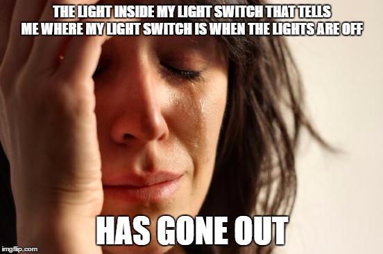 First World Problems Meme | THE LIGHT INSIDE MY LIGHT SWITCH THAT TELLS ME WHERE MY LIGHT SWITCH IS WHEN THE LIGHTS ARE OFF; HAS GONE OUT | image tagged in memes,first world problems | made w/ Imgflip meme maker