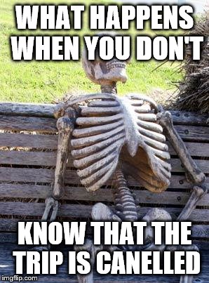 When you don't know | WHAT HAPPENS WHEN YOU DON'T; KNOW THAT THE TRIP IS CANELLED | image tagged in memes,waiting skeleton | made w/ Imgflip meme maker