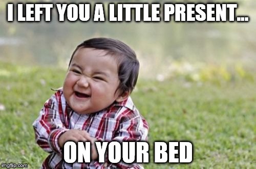 I left you a present... | I LEFT YOU A LITTLE PRESENT... ON YOUR BED | image tagged in memes,evil toddler | made w/ Imgflip meme maker