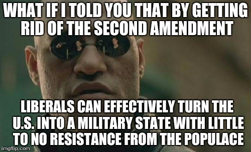 Matrix Morpheus | WHAT IF I TOLD YOU THAT BY GETTING RID OF THE SECOND AMENDMENT; LIBERALS CAN EFFECTIVELY TURN THE U.S. INTO A MILITARY STATE WITH LITTLE TO NO RESISTANCE FROM THE POPULACE | image tagged in memes,matrix morpheus | made w/ Imgflip meme maker