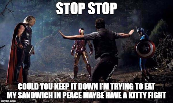 Chris Pratt and Avengers | STOP STOP; COULD YOU KEEP IT DOWN I'M TRYING TO EAT MY SANDWICH IN PEACE MAYBE HAVE A KITTY FIGHT | image tagged in chris pratt and avengers | made w/ Imgflip meme maker