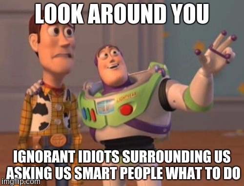 X, X Everywhere Meme | LOOK AROUND YOU; IGNORANT IDIOTS SURROUNDING US ASKING US SMART PEOPLE WHAT TO DO | image tagged in memes,x x everywhere,smart,ignorant,idiots | made w/ Imgflip meme maker
