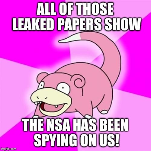 Slowpoke | ALL OF THOSE LEAKED PAPERS SHOW; THE NSA HAS BEEN SPYING ON US! | image tagged in memes,slowpoke,AdviceAnimals | made w/ Imgflip meme maker