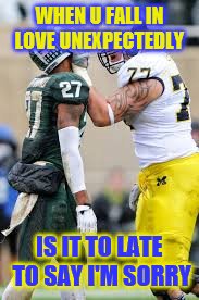 Michigan football  | WHEN U FALL IN LOVE UNEXPECTEDLY; IS IT TO LATE TO SAY I'M SORRY | image tagged in michigan football | made w/ Imgflip meme maker
