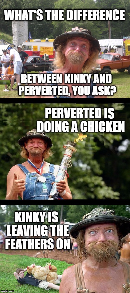 Kinky Redneck | WHAT'S THE DIFFERENCE; BETWEEN KINKY AND PERVERTED, YOU ASK? PERVERTED IS DOING A CHICKEN; KINKY IS LEAVING THE FEATHERS ON | image tagged in memes,funny,redneck,sex,sexy,chicken | made w/ Imgflip meme maker