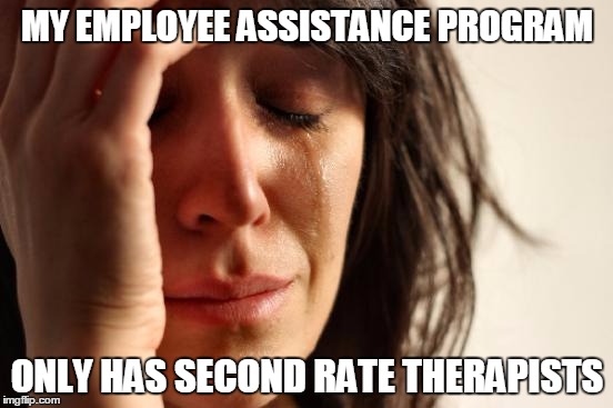 First World Problems | MY EMPLOYEE ASSISTANCE PROGRAM; ONLY HAS SECOND RATE THERAPISTS | image tagged in memes,first world problems | made w/ Imgflip meme maker