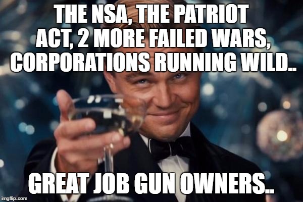 Leonardo Dicaprio Cheers Meme | THE NSA, THE PATRIOT ACT, 2 MORE FAILED WARS, CORPORATIONS RUNNING WILD.. GREAT JOB GUN OWNERS.. | image tagged in memes,leonardo dicaprio cheers | made w/ Imgflip meme maker