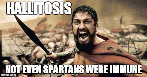 Sparta Leonidas | HALLITOSIS; NOT EVEN SPARTANS WERE IMMUNE | image tagged in memes,sparta leonidas | made w/ Imgflip meme maker