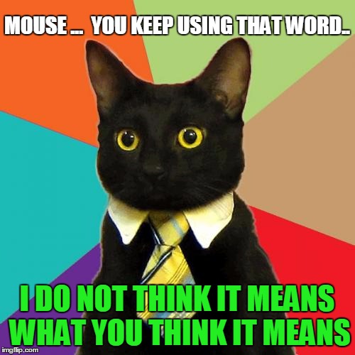 Business Cat | MOUSE ...  YOU KEEP USING THAT WORD.. I DO NOT THINK IT MEANS WHAT YOU THINK IT MEANS | image tagged in memes,business cat | made w/ Imgflip meme maker