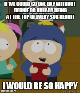 Craig Would Be So Happy | IF WE COULD GO ONE DAY WITHOUT BERNIE OR HILLARY BEING AT THE TOP OF EVERY SUB REDDIT; I WOULD BE SO HAPPY | image tagged in craig would be so happy | made w/ Imgflip meme maker