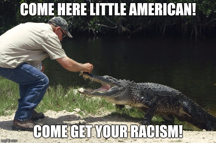 Come here X come get your X | COME HERE LITTLE AMERICAN! COME GET YOUR RACISM! | image tagged in racism,alligator,america,politics | made w/ Imgflip meme maker