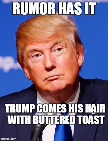 RUMOR HAS IT; TRUMP COMES HIS HAIR WITH BUTTERED TOAST | image tagged in donald trump,trump,funny,meme,funny memes | made w/ Imgflip meme maker
