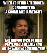 Most of their posts swear like sailors and would have XXX ratings on other websites.  Faith in humanity lost | WHEN YOU FIND A TEENAGER COMMUNITY ON A SOCIAL MEDIA WEBSITE; AND FIND OUT MOST OF THEIR POSTS WOULD USUALLY HAVE AN 18+ WARNING COVERING THEM | image tagged in memes | made w/ Imgflip meme maker