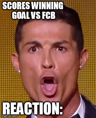 ronaldo reaction to goal | SCORES WINNING GOAL VS FCB; REACTION: | image tagged in cristiano ronaldo ballon d'or,memes | made w/ Imgflip meme maker